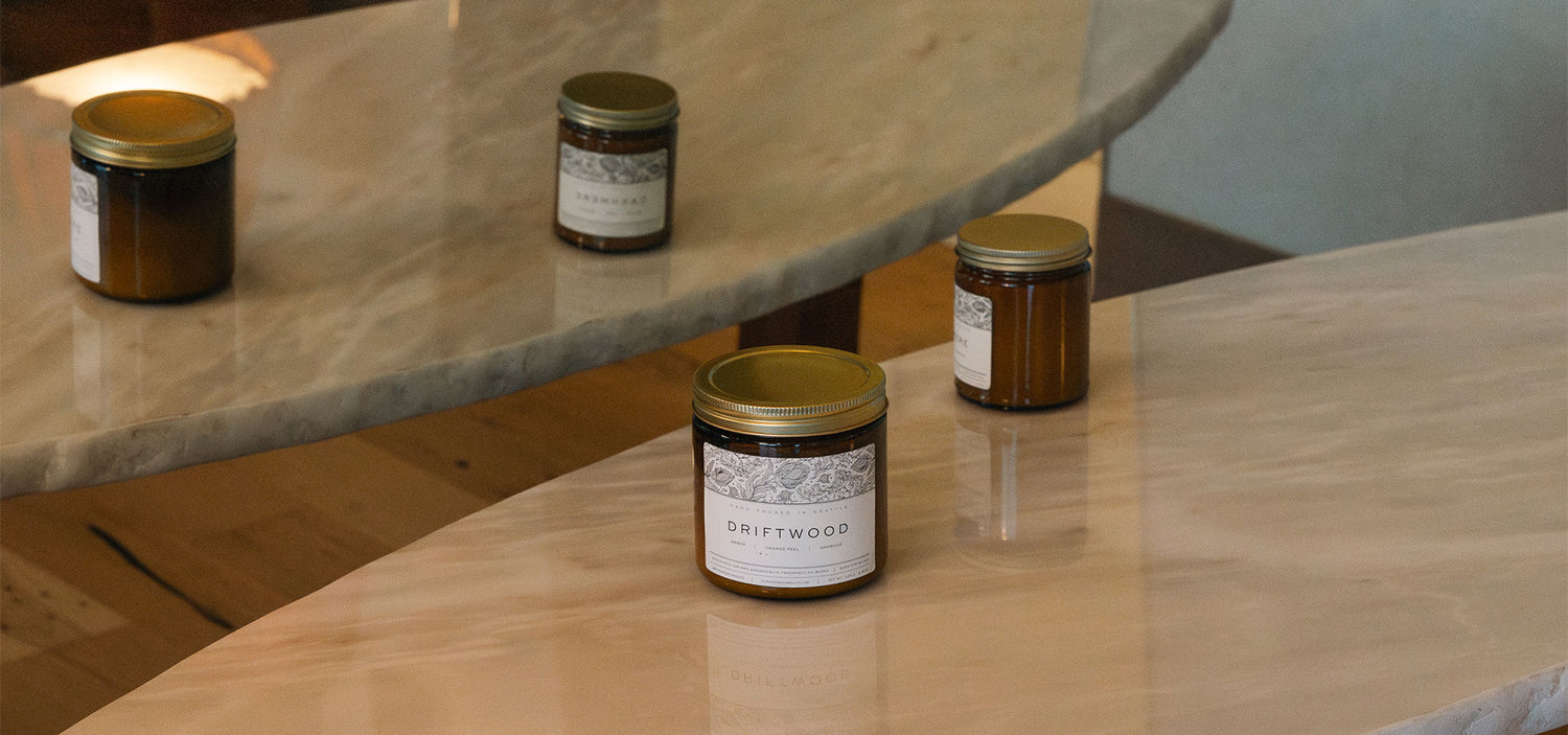 driftwood candles on a table