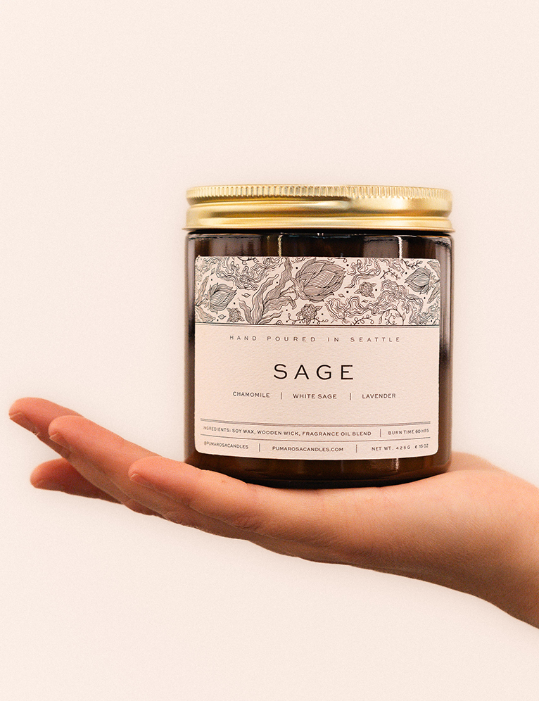 Sage-scented natural soy candle by Pumarosa, perfect for purifying and refreshing any space.