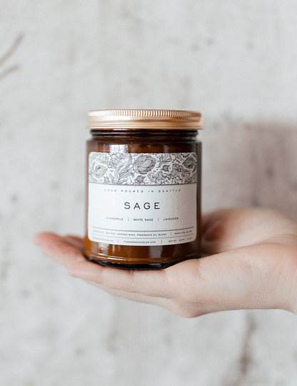 Sage scented natural soy candle by pumarosa candles, perfect for purifying with its notes chamomile, white sage, lavender, to refresh any space. 