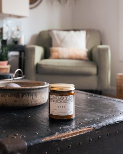 Sage-scented natural soy candle by Pumarosa, perfect for purifying and refreshing any space from living rooms, office, family room and bathrooms.